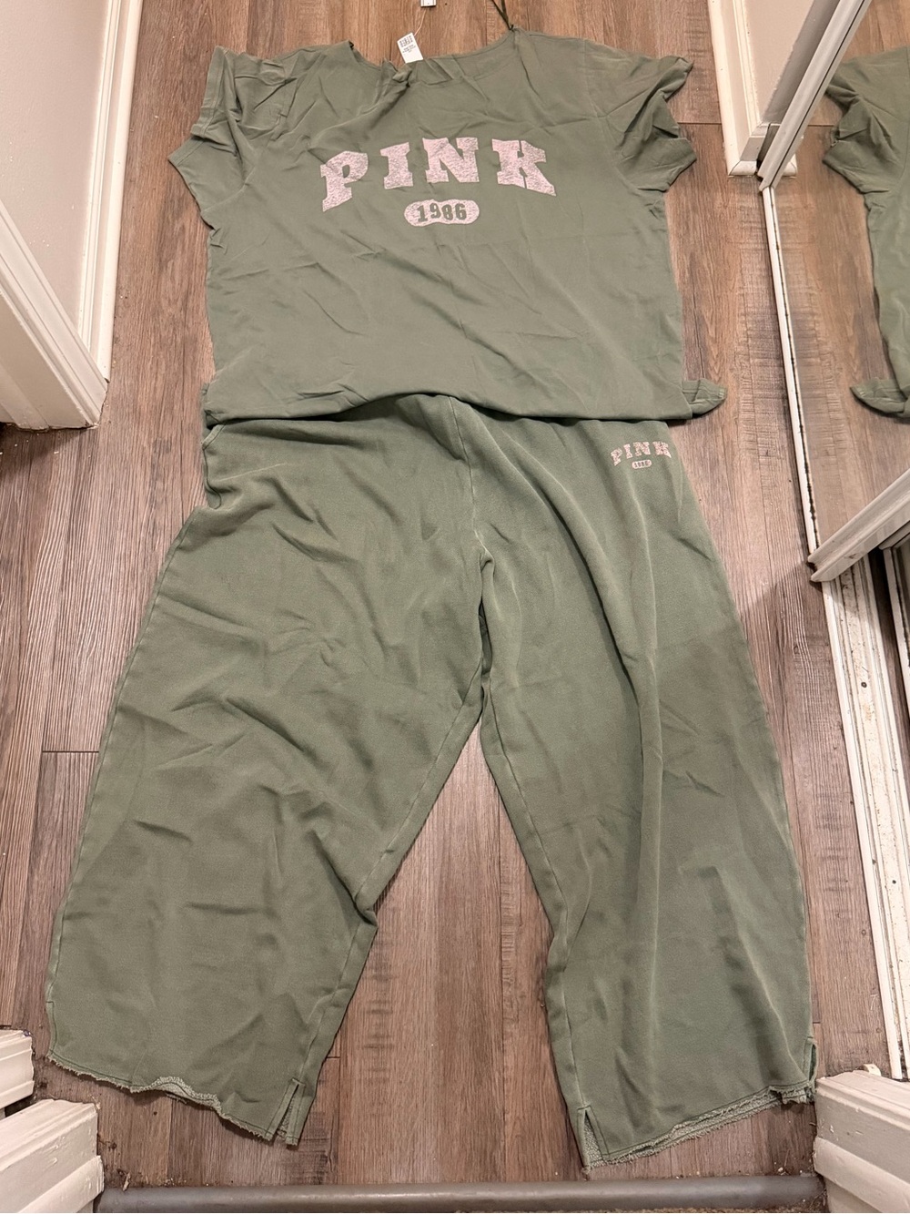 PINK Victoria's Secret Olive Green Kids Two-Piece Pajama Set with Pink Logo